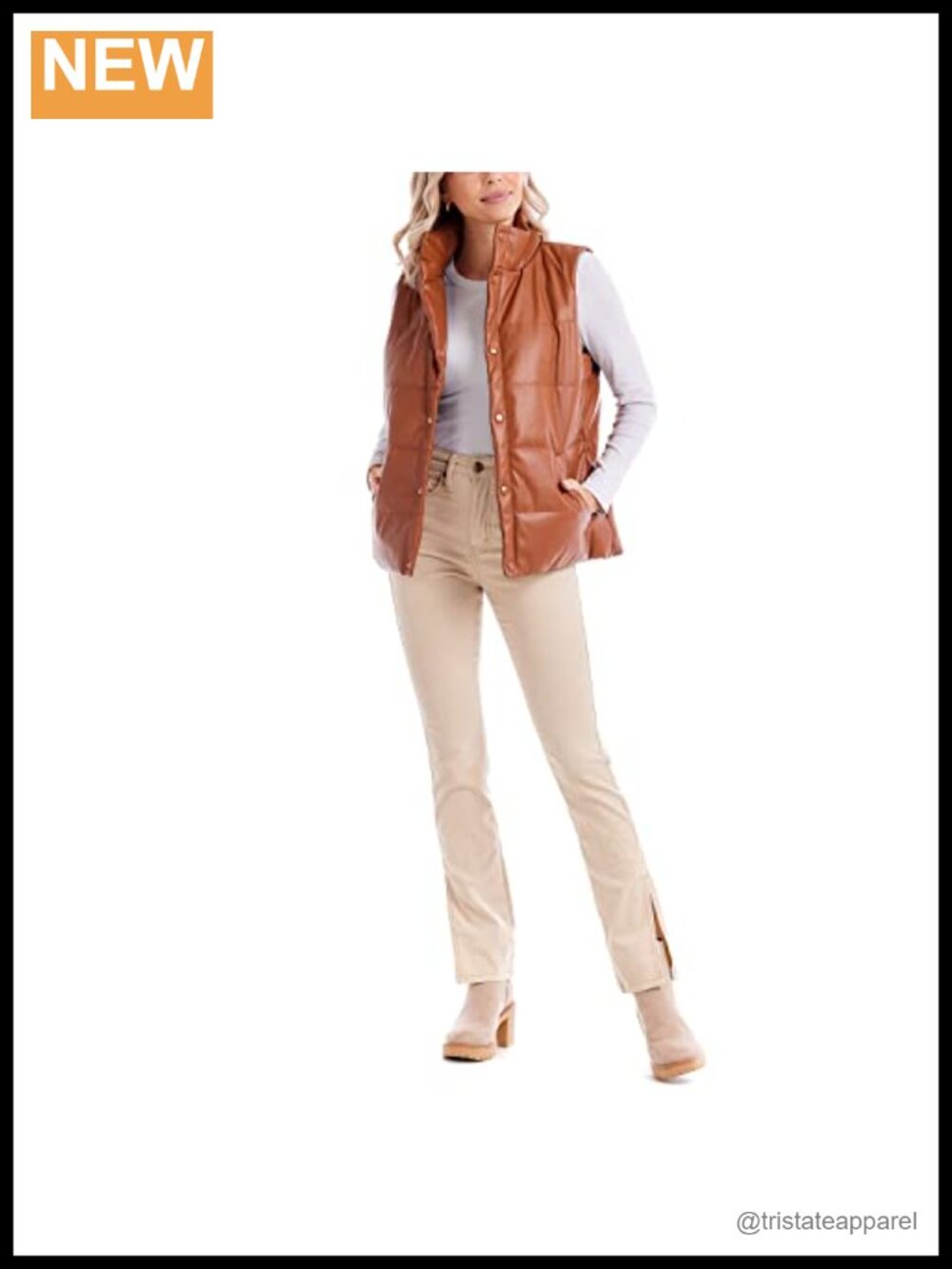 Faux Leather Puffer Vest for Women, Quilted Sleeveless, Gold Snaps, Fall